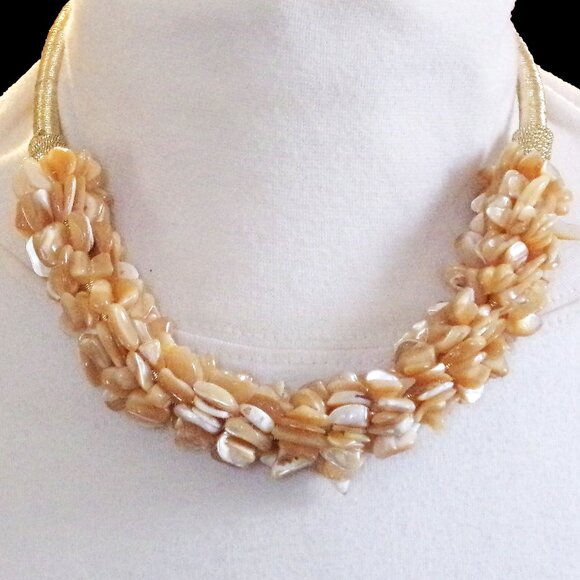 Beige color shell necklace with all shell chips in a thick cluster on gold cord - Picture 2 of 9